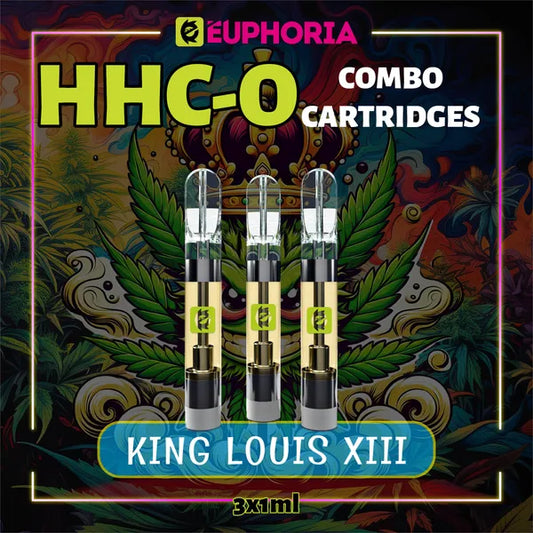 Trei HHCO Cartuș Vape de la E-Euphoria România, conținând 1ml cu 95% și miros de terpene King Louis XIII, aromă pământească pentru un efect relaxant.