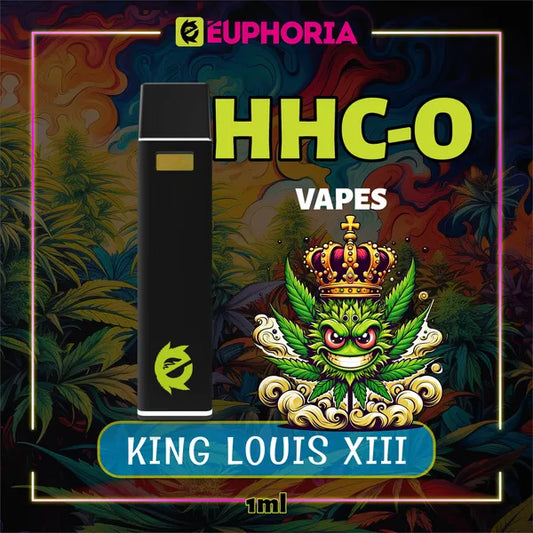 Un HHCO Vape de la E-Euphoria România, conținând 1ml cu 95% și miros de terpene King Louis XIII, aromă pământească pentru un efect relaxant.