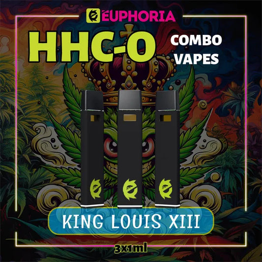 Trei HHCO Vape de la E-Euphoria România, conținând 1ml cu 95% și miros de terpene King Louis XIII, aromă pământească pentru un efect relaxant.