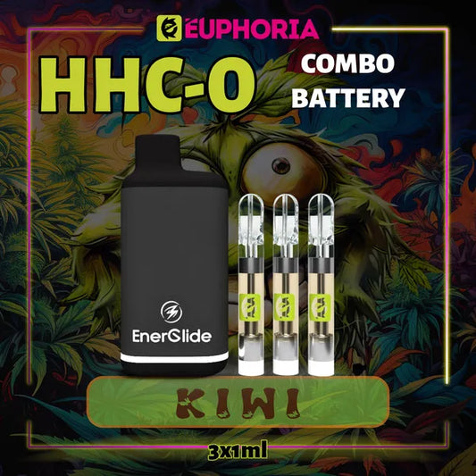 Trei HHCO Cartuș Vape + Battery de la E-Euphoria România, conținând 1ml cu 95% și miros de terpene Kiwi, aromă de kiwi pentru un efect euforic.