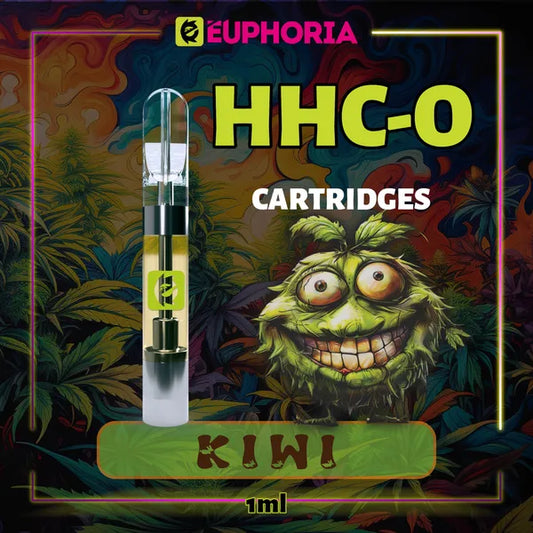 Un HHCO Cartuș Vape de la E-Euphoria România, conținând 1ml cu 95% și miros de terpene Kiwi, aromă de kiwi pentru un efect euforic.