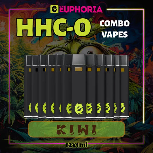 Doisprezece HHCO Vape de la E-Euphoria România, conținând 1ml cu 95% și miros de terpene Kiwi, aromă de kiwi pentru un efect euforic.