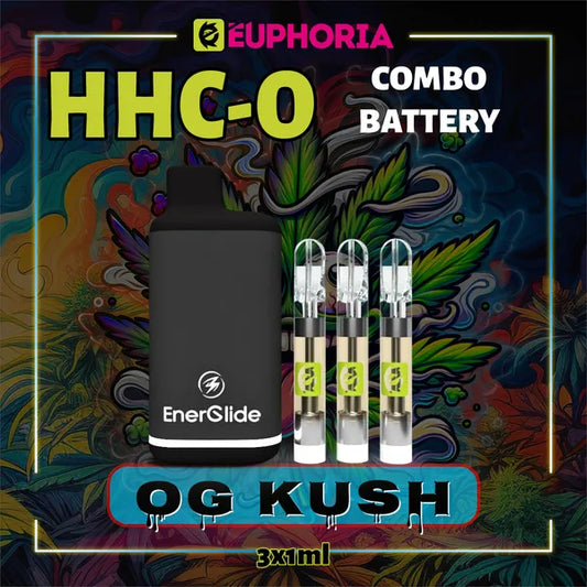 Trei HHCO Cartuș Vape + Battery de la E-Euphoria România, conținând 1ml cu 95% și miros de terpene OG KUSH, aromă de pin pentru un efect euforic.