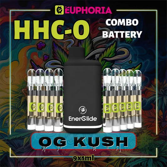 Nouă HHCO Cartuș Vape + Battery de la E-Euphoria România, conținând 1ml cu 95% și miros de terpene OG KUSH, aromă de pin pentru un efect euforic.