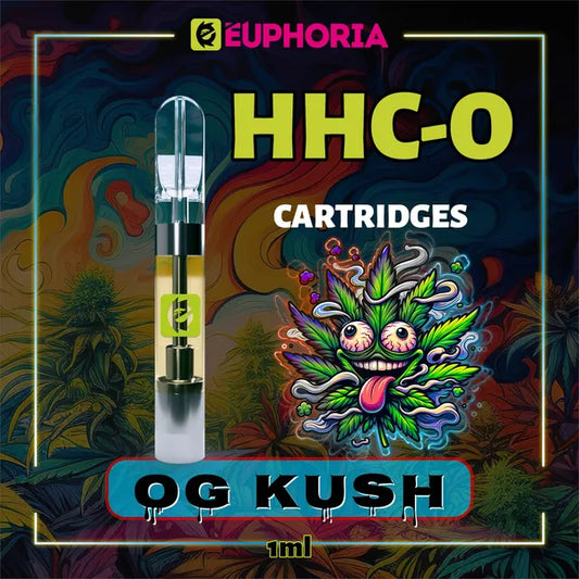 Un HHCO Cartuș Vape de la E-Euphoria România, conținând 1ml cu 95% și miros de terpene OG KUSH, aromă de pin pentru un efect euforic.