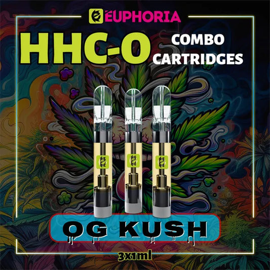 Trei HHCO Cartuș Vape de la E-Euphoria România, conținând 1ml cu 95% și miros de terpene OG KUSH, aromă de pin pentru un efect euforic.