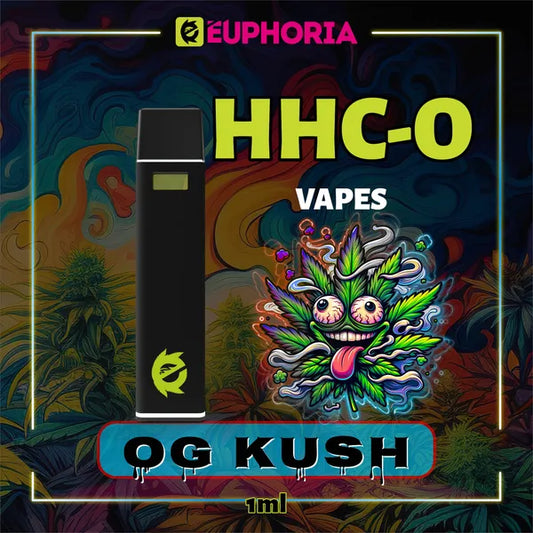 Un HHCO Vape de la E-Euphoria România, conținând 1ml cu 95% și miros de terpene OG KUSH, aromă de pin pentru un efect euforic.