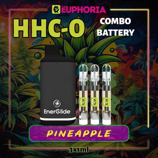 Trei HHCO Cartuș Vape + Battery de la E-Euphoria România, conținând 1ml cu 95% și miros de terpene Ananas, aromă de ananas pentru un efect energizant.