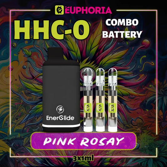 Trei HHCO Cartuș Vape + Battery de la E-Euphoria România, conținând 1ml cu 95% și miros de terpene Pink Rozay, aromă de trandafir pentru un efect relaxant.