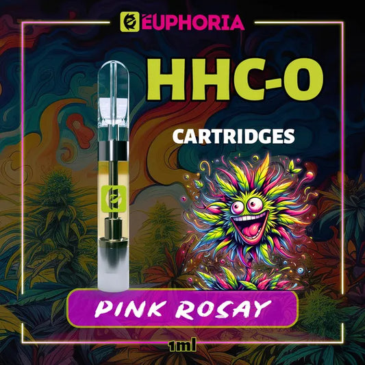 Un HHCO Cartuș Vape de la E-Euphoria România, conținând 1ml cu 95% și miros de terpene Pink Rozay, aromă de trandafir pentru un efect relaxant.