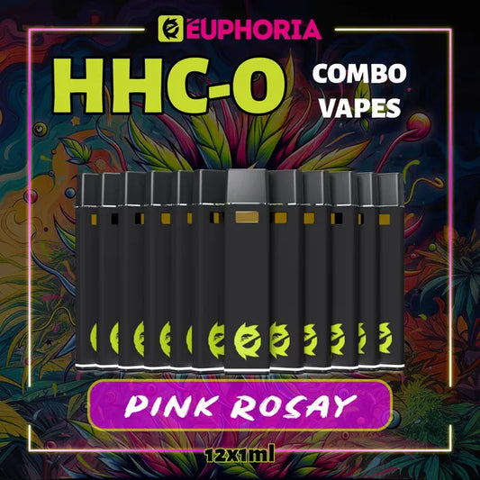 Doisprezece HHCO Vape de la E-Euphoria România, conținând 1ml cu 95% și miros de terpene Pink Rozay, aromă de trandafir pentru un efect relaxant.