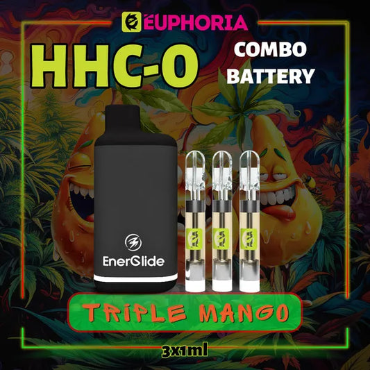 Trei HHCO Cartuș Vape + Battery de la E-Euphoria România, conținând 1ml cu 95% și miros de terpene Triplu Mango, aromă de mango pentru un efect revigorant.