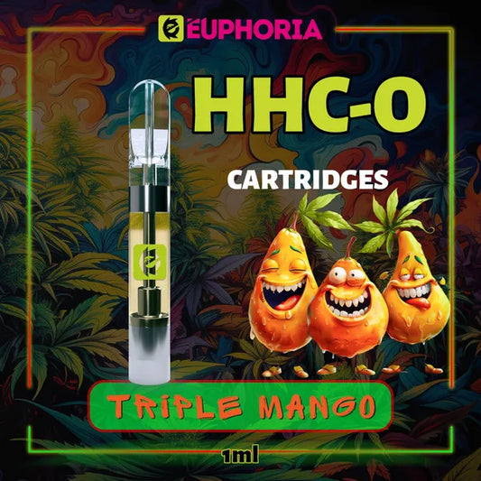 Un HHCO Cartuș Vape de la E-Euphoria România, conținând 1ml cu 95% și miros de terpene Triplu Mango, aromă de mango pentru un efect revigorant.