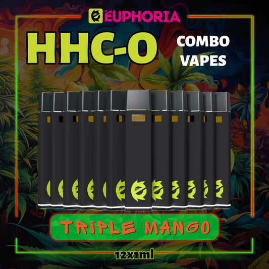 Doisprezece HHCO Vape de la E-Euphoria România, conținând 1ml cu 95% și miros de terpene Triplu Mango, aromă de mango pentru un efect revigorant.