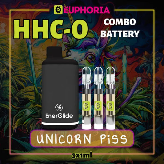 Trei HHCO Cartuș Vape + Battery de la E-Euphoria România, conținând 1ml cu 95% și miros de terpene Unicorn Piss, aromă de citrice pentru un efect vesel.