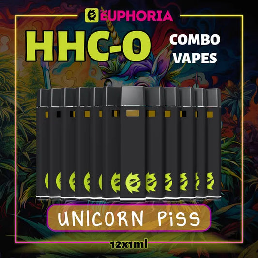 Doisprezece HHCO Vape de la E-Euphoria România, conținând 1ml cu 95% și miros de terpene Unicorn Piss, aromă de citrice pentru un efect vesel.