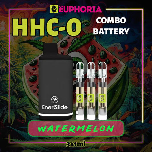 Trei HHCO Cartuș Vape + Battery de la E-Euphoria România, conținând 1ml cu 95% și miros de terpene Pepene, aromă dulce pentru un efect relaxant fizic.