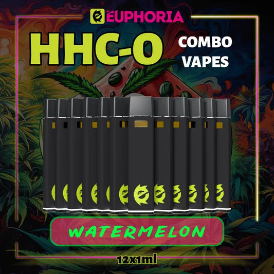 Doisprezece HHCO Vape de la E-Euphoria România, conținând 1ml cu 95% și miros de terpene Pepene, aromă dulce pentru un efect relaxant fizic.