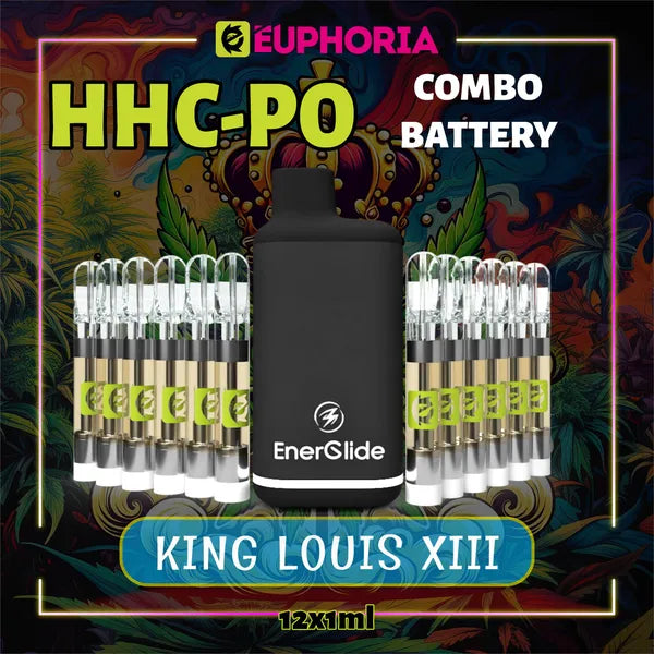 Doisprezece HHCPO Cartuș Vape + Battery de la E-Euphoria România, conținând 1ml cu 20% HHCPO, 75% HHCO și miros de terpene King Louis XIII, cu aromă pământească pentru un efect relaxant și calmant.