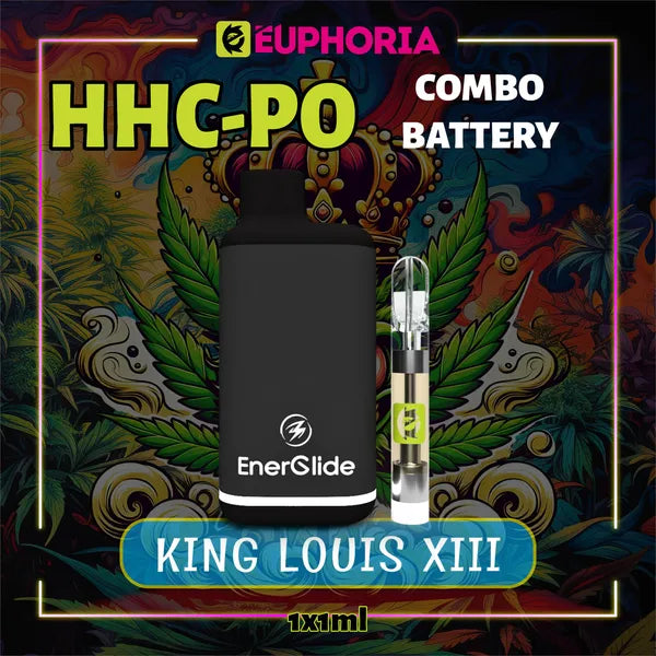 Un HHCPO Cartuș Vape + Battery de la E-Euphoria România, conținând 1ml cu 20% HHCPO, 75% HHCO și miros de terpene King Louis XIII, aromă pământească pentru un efect relaxant și calmant.