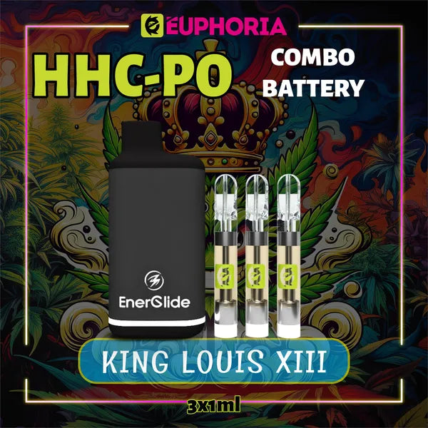 Trei HHCPO Cartuș Vape + Battery de la E-Euphoria România, conținând 1ml cu 20% HHCPO, 75% HHCO și miros de terpene King Louis XIII, aromă pământească pentru un efect relaxant și calmant.