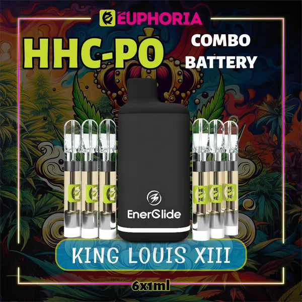 Şase HHCPO Cartuș Vape + Battery de la E-Euphoria România, conținând 1ml cu 20% HHCPO, 75% HHCO și miros de terpene King Louis XIII, aromă pământească pentru un efect relaxant și calmant.