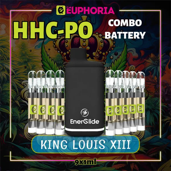 Nouă HHCPO Cartuș Vape + Battery de la E-Euphoria România, conținând 1ml cu 20% HHCPO, 75% HHCO și miros de terpene King Louis XIII, aromă pământească pentru un efect relaxant și calmant.