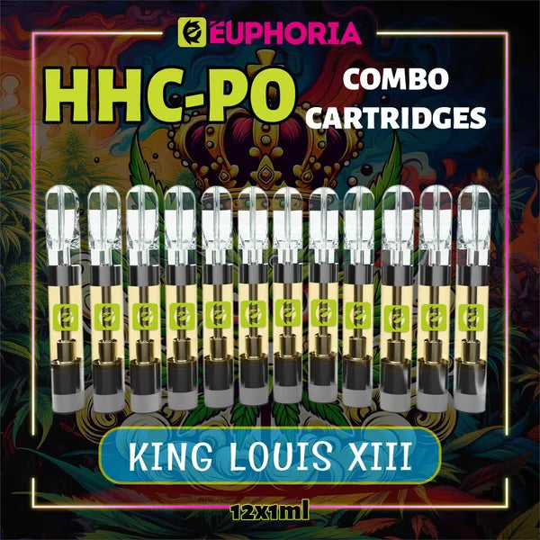 Doisprezece HHCPO Cartuș Vape de la E-Euphoria România, conținând 1ml cu 20% HHCPO, 75% HHCO și miros de terpene King Louis XIII, aromă pământească pentru un efect relaxant și calmant.