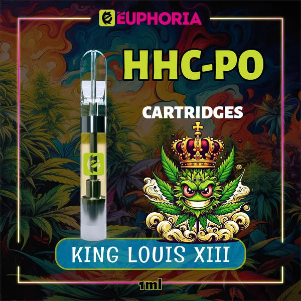 Un HHCPO Cartuș Vape de la E-Euphoria România, conținând 1ml cu 20% HHCPO, 75% HHCO și miros de terpene King Louis XIII, aromă pământească pentru un efect relaxant și calmant.