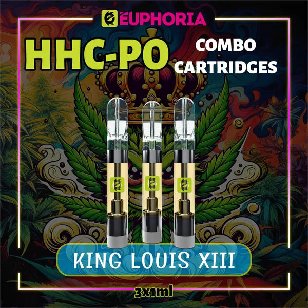 Trei HHCPO Cartuș Vape de la E-Euphoria România, conținând 1ml cu 20% HHCPO, 75% HHCO și miros de terpene King Louis XIII, aromă pământească pentru un efect relaxant și calmant.