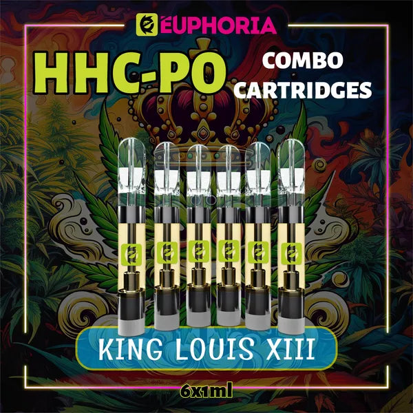 Şase HHCPO Cartuș Vape de la E-Euphoria România, conținând 1ml cu 20% HHCPO, 75% HHCO și miros de terpene King Louis XIII, cu aromă pământească pentru un efect relaxant și calmant.