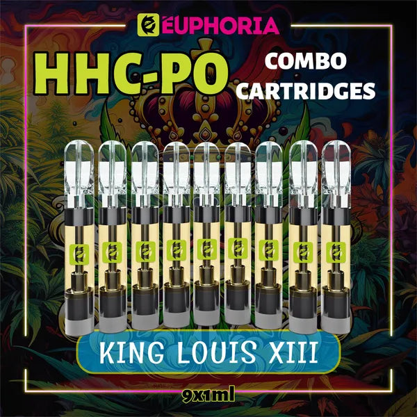 Nouă HHCPO Cartuș Vape de la E-Euphoria România, conținând 1ml cu 20% HHCPO, 75% HHCO și miros de terpene King Louis XIII, aromă pământească pentru un efect relaxant și calmant.