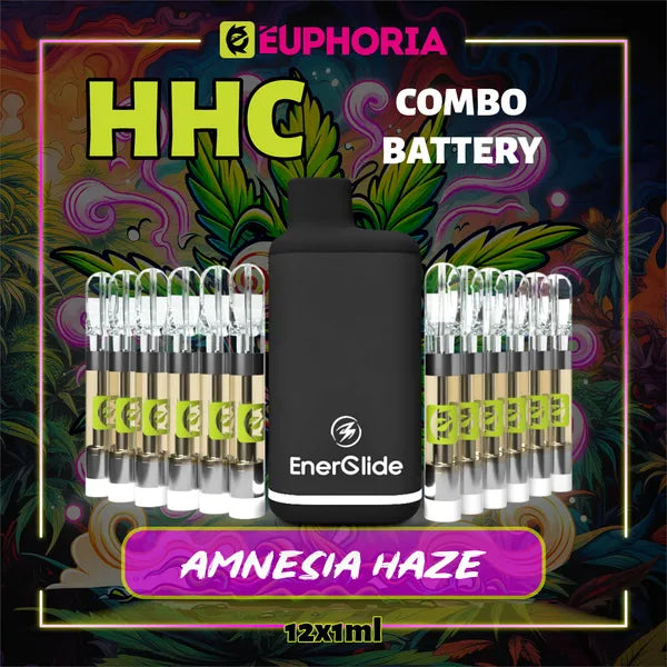 Doisprezece HHC Cartuș Vape + Battery de la E-Euphoria România, conținând 1ml cu 95% HHC și miros de terpene Amnezia Haze, aromă de citrice pentru un efect înălțător și euforic.