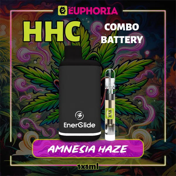 Un HHC Cartuș Vape + Battery de la E-Euphoria România, conținând 1ml cu 95% HHC și miros de terpene Amnezia Haze, aromă de citrice pentru un efect înălțător și euforic.