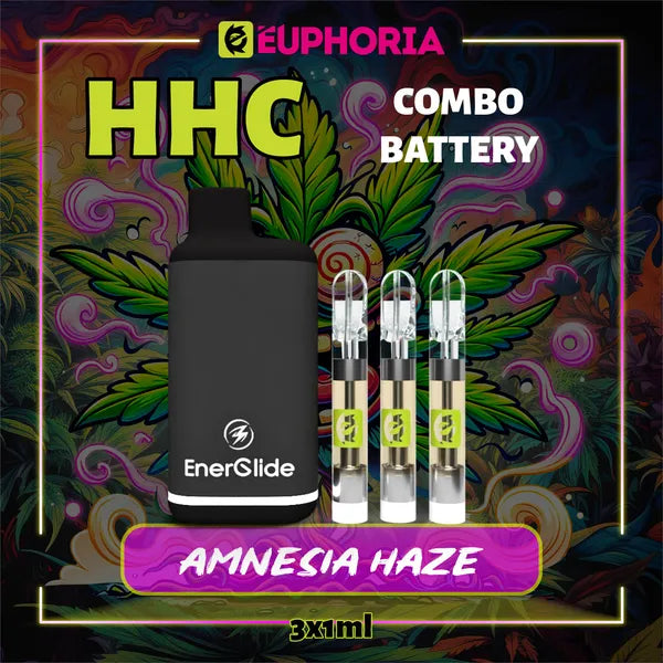 Trei HHC Cartuș Vape + Battery de la E-Euphoria România, conținând 1ml cu 95% HHC și miros de terpene Amnezia Haze, aromă de citrice pentru un efect înălțător și euforic.