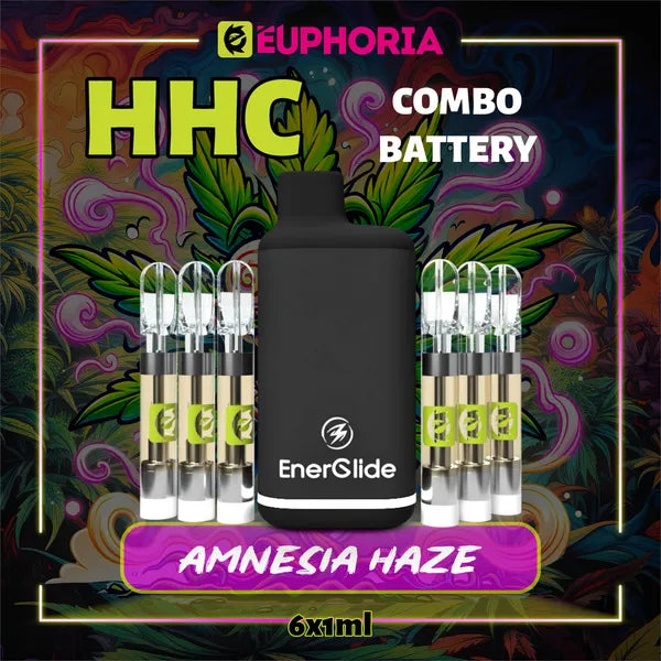 Şase HHC Cartuș Vape + Battery de la E-Euphoria România, conținând 1ml cu 95% HHC și miros de terpene Amnezia Haze, aromă de citrice pentru un efect înălțător și euforic.