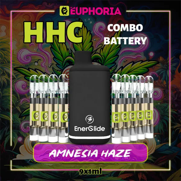 Nouă HHC Cartuș Vape + Battery de la E-Euphoria România, conținând 1ml cu 95% HHC și miros de terpene Amnezia Haze, aromă de citrice pentru un efect înălțător și euforic.