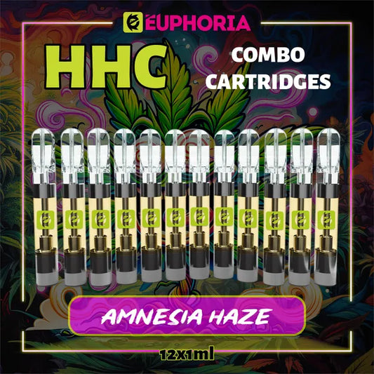 Doisprezece HHC Cartuș Vape de la E-Euphoria România, conținând 1ml cu 95% HHC și miros de terpene Amnezia Haze, aromă de citrice pentru un efect înălțător și euforic.