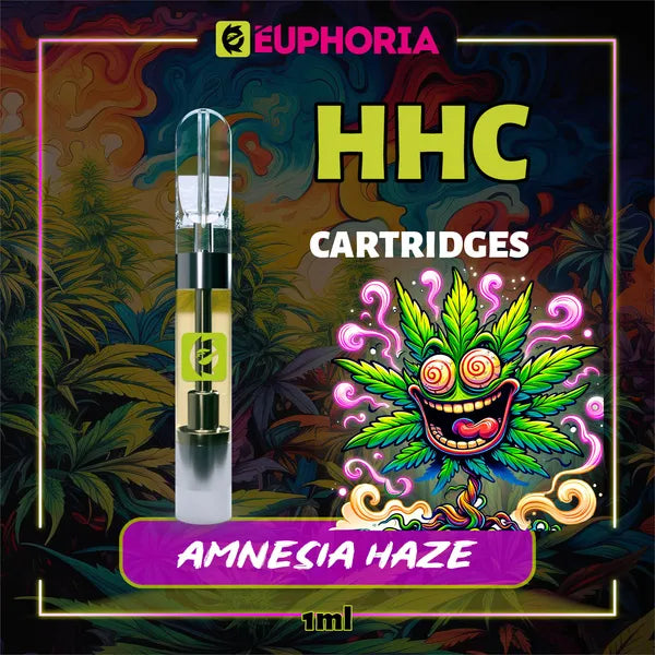 Un HHC Cartuș Vape de la E-Euphoria România, conținând 1ml cu 95% HHC și miros de terpene Amnezia Haze, aromă de citrice pentru un efect înălțător și euforic.