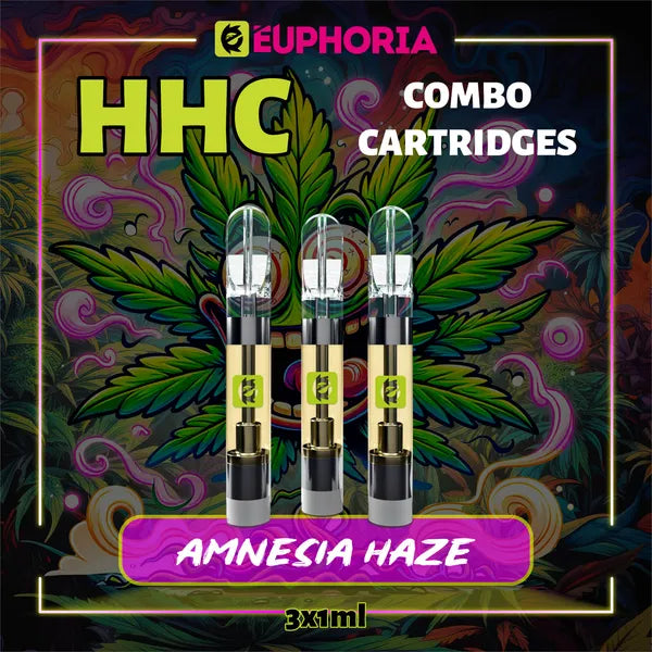 Trei HHC Cartuș Vape de la E-Euphoria România, conținând 1ml cu 95% HHC și miros de terpene Amnezia Haze, aromă de citrice pentru un efect înălțător și euforic.