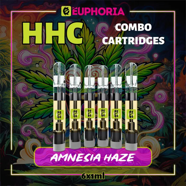 Şase HHC Cartuș Vape de la E-Euphoria România, conținând 1ml cu 95% HHC și miros de terpene Amnezia Haze, cu aroma de citrice pentru un efect înălțător și euforic.