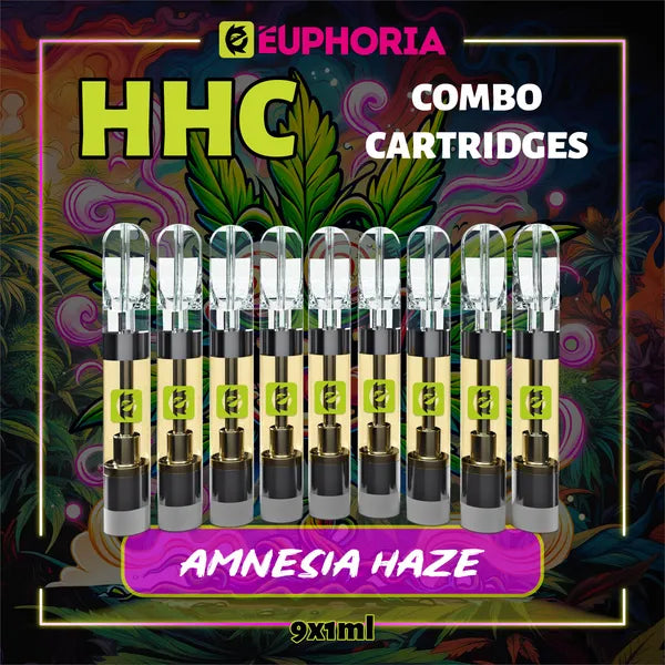 Nouă HHC Cartuș Vape de la E-Euphoria România, conținând 1ml cu 95% HHC și miros de terpene Amnezia Haze, aromă de citrice pentru un efect înălțător și euforic.