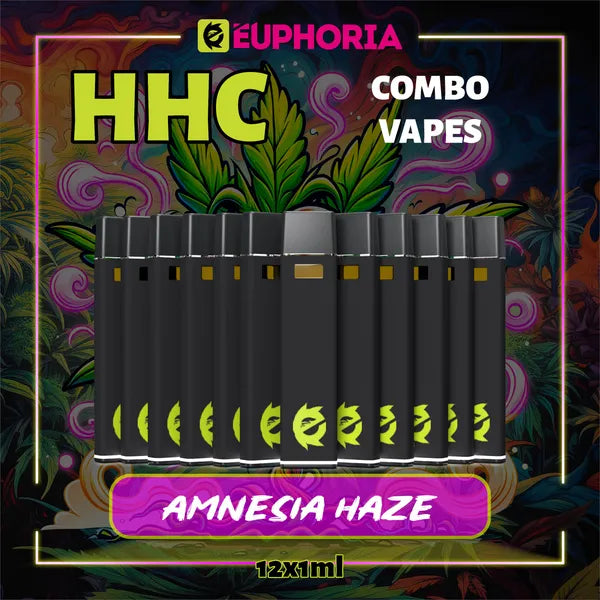 Doisprezece HHC Vape de la E-Euphoria România, conținând 1ml cu 95% HHC și miros de terpene Amnezia Haze, aromă de citrice pentru un efect înălțător și euforic.