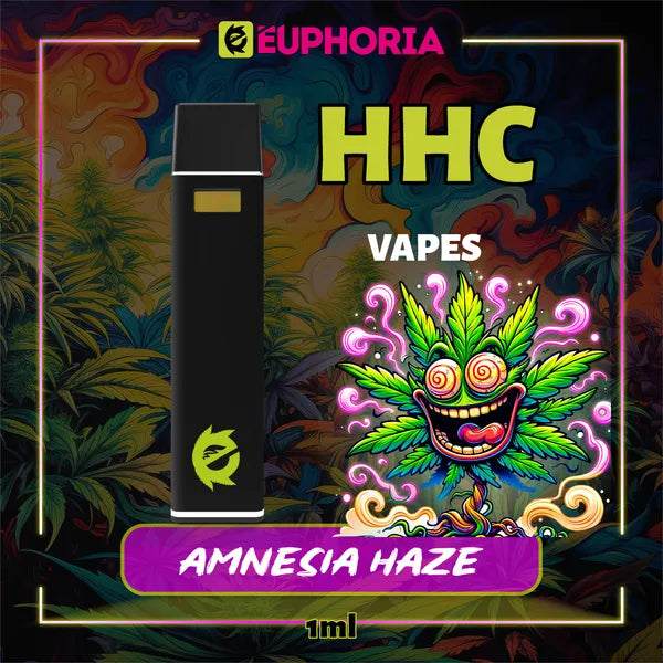 Un HHC Vape de la E-Euphoria România, conținând 1ml cu 95% HHC și miros de terpene Amnezia Haze, aromă de citrice pentru un efect înălțător și euforic.