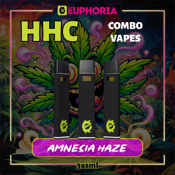 Trei HHC Vape de la E-Euphoria România, conținând 1ml cu 95% HHC și miros de terpene Amnezia Haze, aromă de citrice pentru un efect înălțător și euforic.