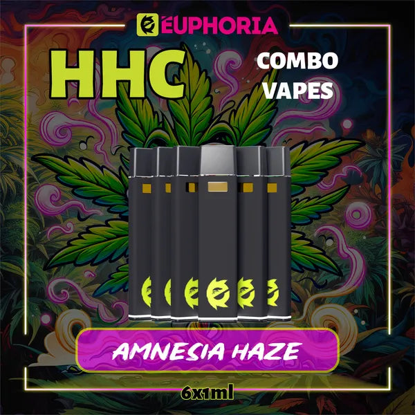 Şase HHC Vape de la E-Euphoria România, conținând 1ml cu 95% HHC și miros de terpene Amnezia Haze, cu aromă de citrice pentru un efect înălțător și euforic.