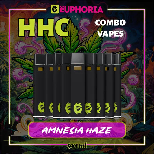 Nouă HHC Vape de la E-Euphoria România, conținând 1ml cu 95% HHC și miros de terpene Amnezia Haze, aromă de citrice pentru un efect înălțător și euforic.