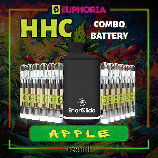 Doisprezece HHC Cartuș Vape + Battery de la E-Euphoria România, conținând 1ml cu 95% HHC și miros de terpene Măr, aromă dulce fructată pentru un efect euforie calmantă.