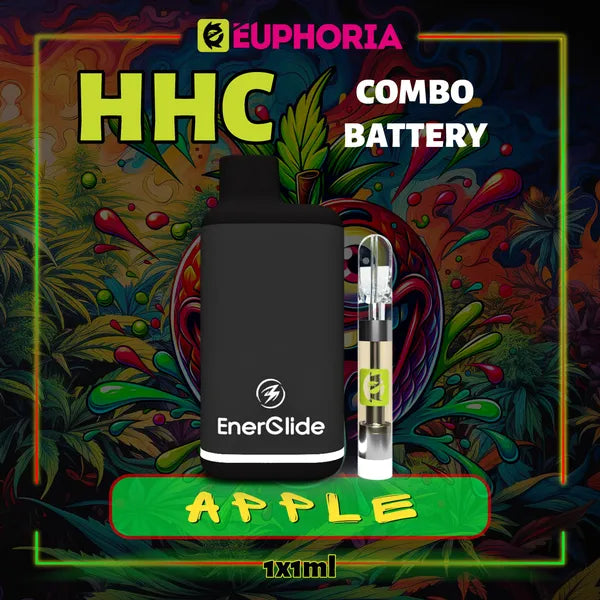 Un HHC Cartuș Vape + Battery de la E-Euphoria România, conținând 1ml cu 95% HHC și miros de terpene Măr, dulce fructată pentru un efect euforie calmantă.