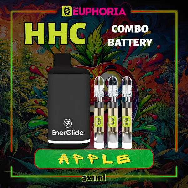 Trei HHC Cartuș Vape + Battery de la E-Euphoria România, conținând 1ml cu 95% HHC și miros de terpene Măr, dulce fructată pentru un efect de euforie calmantă.